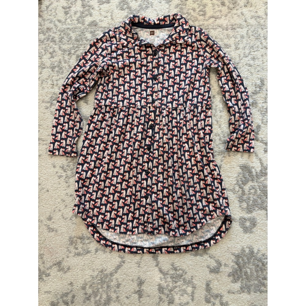Tea Collection Girls Scottie Dog Shirt Dress Navy Pink Cotton Long Sleeve Size 6